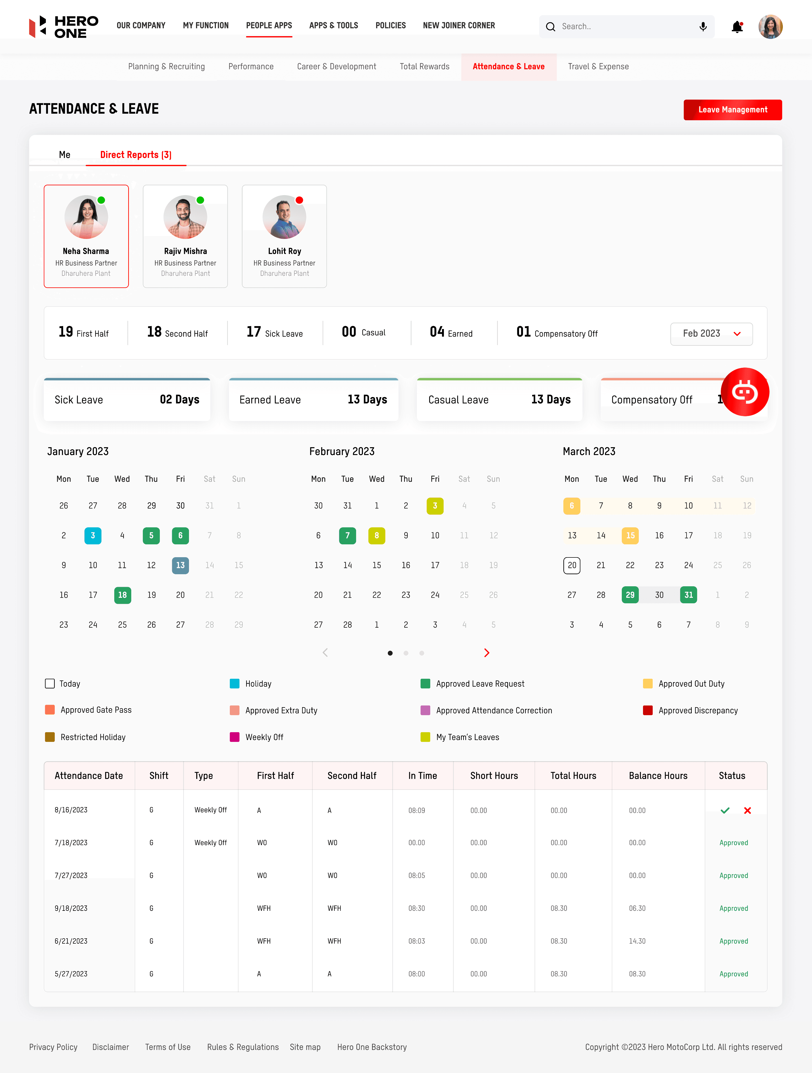 Attendance & Leave screen